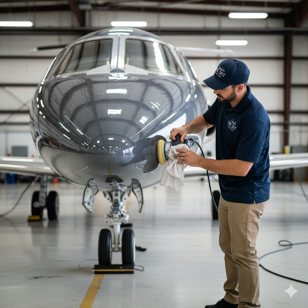 Aircraft detailing technician performing exterior paint correction and polishing