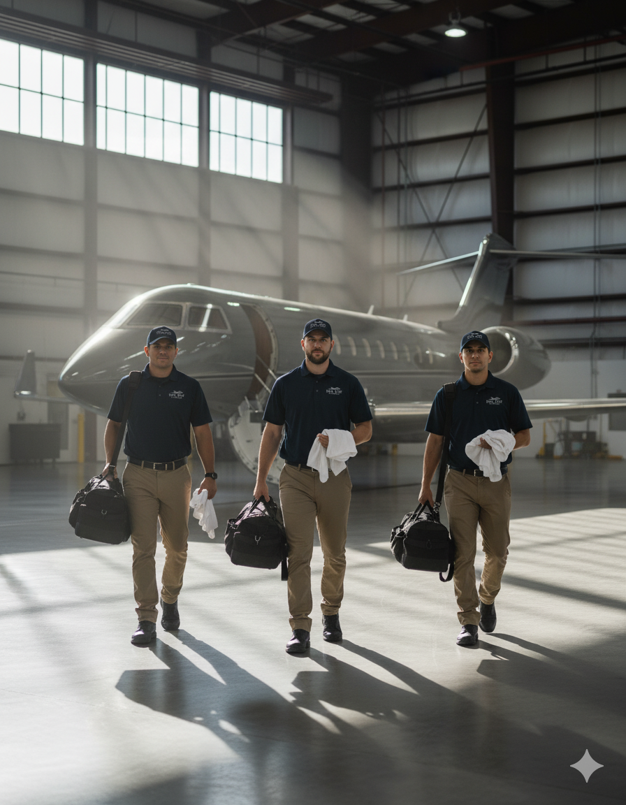 Professional aircraft detailing team arriving with equipment for mobile service