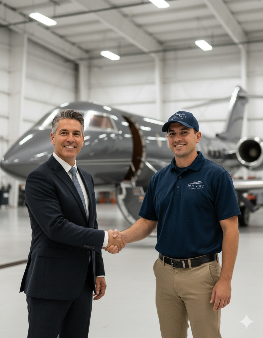 Professional aircraft detailing technician meeting with private jet owner